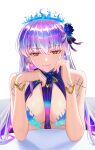  1girl absurdres bare_shoulders blue_fire blue_hair blush body_markings bracelet breasts chinese_commentary colored_inner_hair commentary earrings fate/grand_order fate_(series) fire flower hair_flower hair_ornament hair_ribbon highres jewelry kama_(adult)_(fate) kama_(fate) kama_(swimsuit_avenger)_(third_ascension)_(fate) kaworu13 large_breasts long_hair looking_at_viewer lotus multicolored_hair red_eyes revealing_clothes ribbon smile solo star_(symbol) star_earrings two-tone_hair white_hair 