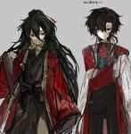  2boys absurdres bandaged_neck bandages black_hair black_hanfu black_pants black_shirt braid chen_ling_(wo_bushi_xi_shen) chinese_clothes chinese_commentary chinese_text closed_mouth coat coin coin_mask covered_mouth creature crossover dao_gui_yi_xian earrings eyeball grey_background hair_between_eyes hair_bun hair_ribbon half_updo hand_up hanfu highres holed_coin jewelry kimoji03011 li_huowang li_sui_(tentacles) light_smile long_hair long_sleeves looking_at_viewer looking_back male_focus mask mouth_veil multiple_boys open_clothes open_coat pants red_coat red_eyes red_ribbon ribbon robe shirt side_braid simple_background single_braid single_hair_bun sketch sleeves_past_wrists standing sweatdrop tassel tassel_earrings tentacles tentacles_under_clothes veil very_long_hair wide_sleeves wo_bushi_xi_shen 
