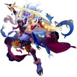  1girl :d anonymous_(yu-gi-oh!) arm_blade asymmetrical_gloves breasts claws colored_skin duel_monster fur_trim game_cg gloves highres holding holding_sword holding_weapon looking_at_viewer lunalight_liger_dancer medium_breasts monster_girl multicolored_hair non-web_source official_art purple_hair purple_skin red_eyes red_gloves slit_pupils smile solo stitched sword tassel teeth thighhighs third-party_edit transparent_background tsurime upper_teeth_only waist_cape weapon white_hair yu-gi-oh! yu-gi-oh!_master_duel 