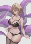  1girl arepko artist_name bare_shoulders black_bra black_panties black_thighhighs blonde_hair bra breasts cleavage commentary_request grey_background highres large_breasts looking_at_viewer monster_girl navel panties parted_lips purple_eyes scylla short_hair simple_background solo stomach tentacle_girl tentacle_tail thighhighs thighs underwear yidhari_murphy zenless_zone_zero 