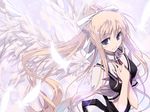  air angel_wings blonde_hair blue_eyes cross feathers hair_ribbon hands_on_own_chest kamio_misuzu long_hair ponytail ribbon satomi school_uniform solo wings 