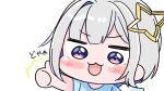  1girl :d ^^^ amane_kanata blue_hair blue_shirt blue_wings blush_stickers chibi grey_hair highres hololive mochimiko multicolored_hair outstretched_arm purple_eyes shirt short_sleeves simple_background single_hair_intake smile solo thumbs_up translation_request two-tone_hair upper_body virtual_youtuber white_background white_wings wings 