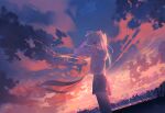 1girl adjusting_headphones agyou_sonokou_l aqua_hair astronauts_(vocaloid) bare_shoulders clothing_cutout commentary_request cowboy_shot dusk dutch_angle facing_ahead floating_hair from_behind from_below grey_shorts hatsune_miku highres long_hair mixed-language_commentary outdoors shirt shorts shoulder_cutout signature sky skyline solo star_(sky) starry_sky three-quarter_sleeves twintails very_long_hair vocaloid white_shirt 