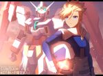  1boy aqua_eyes asemu_asuno blonde_hair blue_eyes commentary_request dated gundam gundam_age gundam_age-2 gundam_age-2_double_bullet helmet highres holding holding_unworn_helmet hoshi_(artoria_0518) humanoid_robot letterboxed long_hair low_ponytail mecha mecha_pilot_suit mobile_suit normal_suit_(gundam) outside_border ponytail robot science_fiction space_helmet sunset unworn_headwear unworn_helmet v-fin 