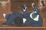 2025 anthro antlers bar belly blue_body blue_fur blush body_hair canid canine censored chest_hair cuff_(restraint) deer facial_hair fur furniture genitals goatee gol1ath green_body green_fur green_hair hair handcuffs hi_res horn hybrid ineffective_censorship looking_at_viewer lying male male_anthro mammal metal_cuffs musclegut muscular muscular_anthro muscular_male mustache nipples on_side on_table overweight overweight_anthro overweight_male penis pubes restraints solo table tail white_body white_fur white_hair