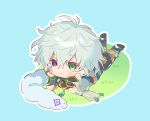  1boy :3 arm_guards blue_background chibi closed_eyes commentary_request grass green_eyes head_rest heterochromia highres japanese_clothes kariginu lying male_focus matochi_(fa) messy_hair murakumo_kagetsu murakumo_kagetsu_(1st_costume) nijisanji on_stomach outline purple_eyes short_hair simple_background solo the_pose virtual_youtuber watakumo_(murakumo_kagetsu) white_hair 