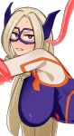  1girl blonde_hair blush bodysuit boku_no_hero_academia breasts bright_pupils commentary domino_mask eye_mask from_side grabbing_another&#039;s_arm hanging_breasts highres horns long_hair mask mount_lady multicolored_bodysuit purple_bodysuit purple_horns purple_mask red_eyes restrained ryuugu2000 superhero_costume sweatdrop tentacles upper_body white_pupils 