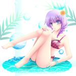  barefoot bikini blue_eyes braid fingernails flower full_body hair_flower hair_ornament hair_over_shoulder hibiscus knees_together_feet_apart lace lace-trimmed_bikini nail_polish original pink_nails piro_komachi plaid plaid_bikini purple_hair single_braid solo swimsuit toenail_polish 