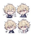  ... 18trip 1boy :/ antenna_hair arms_up black_shirt blonde_hair blush closed_eyes collared_shirt commentary_request crew_neck cropped_torso double-parted_bangs earrings embarrassed hair_between_eyes hair_ornament hairclip jewelry knk_n kurama_ushio male_focus multiple_views necktie open_mouth parted_bangs piercing print_shirt red_necktie sanpaku school_uniform shirt short_hair short_sleeves simple_background smile speech_bubble spoken_ellipsis stud_earrings t-shirt tears white_background white_shirt 