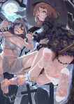  2girls absurdres armpits artist_name bandages black_dress black_nails blush breasts broom broom_riding brown_hair cloud cloudy_sky dress eyepatch fangs feet foot_focus frilled_dress frilled_sleeves frills full_body full_moon graveyard hair_intakes hair_ornament hands_up hat highres juliet_sleeves large_breasts long_sleeves looking_at_viewer looking_back maburoku medical_eyepatch medium_hair midair moon multiple_girls nail_polish navel night night_sky no_shoes open_mouth original paw_pose pleated_dress puffy_sleeves purple_dress purple_hair short_dress sidelocks signature sitting sky socks soles toenail_polish toenails toes twitter_username white_socks witch_hat x_hair_ornament 