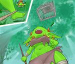 2025 breasts cage ear_piercing ear_ring exclamation_point feet goblin green_body green_skin humanoid humanoid_feet humanoid_pointy_ears mario-grant midriff ms._nasbh&#039;ke_(mario-grant) not_furry piercing plantigrade pointy_ears question_mark ring_piercing rope trap_(contrivance) under_boob