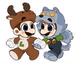 2boys animal_costume animal_ears animal_hands antlers blue_eyes blue_overalls brown_fur brown_hair christmas claws cosplay deer_antlers deer_ears eye_contact facial_hair full_body gloves green_shirt halloween highres holding_hands horns looking_at_another luigi luigi_(halloween) mario_(series) mimimi_(mimimim9999) multiple_boys mustache open_mouth overalls paw_gloves red_nose reindeer_antlers reindeer_costume rudolph_the_red_nosed_reindeer rudolph_the_red_nosed_reindeer_(cosplay) shirt short_hair simple_background tail werewolf_costume wolf_costume wolf_ears wolf_paws wolf_tail yellow_eyes 