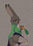 anthro big_butt black_eyes black_nose blue_bottomwear blue_clothing blue_skirt bluesparrow bodily_fluids bottomwear breasts buckteeth butt carrot clothing cotton_tail dipstick_ears ear_markings eyelashes female food fur green_clothing green_sweater green_topwear grey_background grey_body grey_clothing grey_fur grey_legwear grey_thigh_highs hi_res holding_carrot holding_food holding_object holding_vegetable lagomorph legwear leporid mammal multicolored_ears pattern_background plant purple_sclera rabbit saliva saliva_string simple_background skirt small_breasts solo striped_background sweater teeth thick_thighs thigh_highs tongue tongue_out topwear vegetable wide_hips