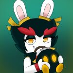 1:1 2023 ambiguous_gender anthro bent_arm black_body black_clothing black_dress black_eyelids black_hair bob-omb closed_smile clothing colored crossover digital_drawing_(artwork) digital_media_(artwork) dress duo ear_ribbon empty_eyes english_description eyebrows eyelashes fangs feet female female_anthro fur fuse glowing glowing_eyes gradient_background green_background hair holding_another kanya_(mario_plus_rabbids) lagomorph larger_anthro larger_female light lighting looking_at_viewer mammal mario_bros mario_plus_rabbids_sparks_of_hope mitten_hands mouth_closed mouthless nintendo no_pupils noseless peypey_mei1925 rabbid raving_rabbids rayman_(series) red_clothing red_eyebrows red_shirt red_topwear red_wristband shaded shirt simple_background size_difference smaller_ambiguous smile smiling_at_viewer tan_inner_ear teeth thick_eyebrows topwear ubisoft white_body white_fur yellow_eyes yellow_feet yellow_ribbon yellow_sclera