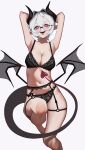  1girl :d absurdres anemoneeanemone armpits arms_behind_head arms_up bare_arms bare_legs bare_shoulders barefoot black_bra black_garter_belt black_panties bra breasts cleavage collarbone demon_girl demon_horns demon_tail demon_wings faye_(vtuber) foot_out_of_frame garter_belt groin hair_between_eyes hair_intakes heart heart-shaped_pupils highres horns indie_virtual_youtuber lace lace_bra lace_panties large_breasts mole mole_under_mouth navel o-ring o-ring_thigh_strap open_mouth panties pink_eyes pointy_ears round_eyewear short_hair simple_background smile solo stomach symbol-shaped_pupils tail thigh_strap underwear underwear_only virtual_youtuber white_background white_hair wings 
