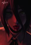  1girl amarzbar artist_name black_choker black_ribbon blood blood_from_mouth blood_on_face chainsaw_man choker close-up green_eyes hair_between_eyes highres looking_at_viewer neck_ribbon open_mouth red_shirt red_theme reze_(chainsaw_man) ribbon shirt solo 