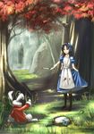  alice_(wonderland) alice_in_wonderland american_mcgee's_alice apron blood blue_dress boots brown_hair bug butterfly clock cowering dress forest grass green_eyes hairband inoi insect knife nature pantyhose rock scared skirt_hold striped striped_legwear tree water waterfall white_rabbit 