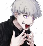  1boy absurdres black_jacket bleeding blood blood_from_mouth blood_on_face blood_on_hands chinese_commentary eyelashes facial_mark facial_tattoo gakuran grey_hair hands_up high_collar highres injury inumaki_toge jacket jujutsu_kaisen long_sleeves looking_to_the_side male_focus nidexintu open_mouth purple_eyes school_uniform shirt short_hair simple_background solo tattoo teeth tongue upper_body white_background 