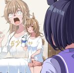  2girls alternate_hairstyle animal_ears black_hair blush boyshort_panties brown_hair caught clothes_lift commentary_request constricted_pupils eishin_flash_(umamusume) hair_between_eyes hair_down hand_up highres holding holding_carton holding_milk_carton horse_ears horse_girl horse_tail indoors long_hair looking_at_another messy_hair milk_carton multiple_girls nervous_sweating open_mouth raised_eyebrows shino_(ponjiyuusu) shirt_lift short_hair short_sleeves smart_falcon_(umamusume) sparkle sweat tail umamusume underwear very_long_hair wide-eyed yellow_eyes 