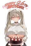  1girl 1other 4ddd absurdres balloon birthday birthday_cake blonde_hair breasts cake candle chocolate choker commission english_text food fruit hair_ribbon happy_birthday highres holding large_breasts long_hair original pale_skin pixiv_commission pov ribbon solo strawberry tsurime twintails underboob whipped_cream white_background yellow_eyes 