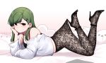  1girl arched_back artist_name black_bra bra closed_mouth embarrassed feet_up from_side full_body green_eyes grey_hair hair_behind_ear hair_ornament hairclip high-waist_pantyhose high_heels highres igarashi_futaba lace_pantyhose lace_pantyhose_hooked_on_heel_(meme) legs looking_at_viewer lying medium_hair meme on_stomach open_clothes open_shirt panqlao pantyhose senpai_ga_uzai_kouhai_no_hanashi shirt the_pose underwear white_shirt 