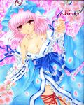  bad_id bad_pixiv_id breasts cherry_blossoms chirori cleavage finger_to_mouth frills hat japanese_clothes kimono large_breasts leg_ribbon marker_(medium) off_shoulder petals pink_hair ribbon saigyouji_yuyuko solo touhou traditional_media 