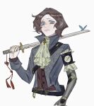  1boy ascot blue_butterfly blue_coat blue_eyes brown_hair bug butterfly chinese_commentary closed_mouth coat commentary_request green_ascot highres holding holding_sword holding_weapon lies_of_p liudongxx male_focus mechanical_arms pinocchio_(lies_of_p) prosthesis prosthetic_arm simple_background single_mechanical_arm smile solo standing sword upper_body weapon white_background 