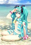  aqua_eyes aqua_hair beach bikini bottle bow cloud day hair_bow hatsune_miku koaki long_hair navel outdoors scarf side-tie_bikini sitting solo striped striped_scarf swimsuit topless twintails vocaloid water 