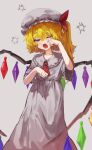  1girl absurdres ascot blush crystal_wings flandre_scarlet hair_between_eyes hat highres lab2linch medium_hair mob_cap nightgown one_eye_closed open_mouth red_ascot red_eyes short_sleeves side_ponytail sleepy solo teeth touhou vampire white_nightgown wings yawning 