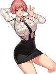  1girl absurdres black_necktie black_skirt blush breasts collared_shirt high-waist_skirt highres large_breasts long_sleeves looking_at_viewer nadainishi necktie original pink_eyes pink_hair pointing pointing_at_viewer shirt short_hair simple_background skirt smile solo suspender_skirt suspenders white_background white_shirt 