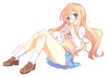  :d bad_id bad_pixiv_id blonde_hair blue_eyes blush eyebrows eyebrows_visible_through_hair full_body k-on! kotobuki_tsumugi legs loafers long_hair open_mouth pan_(mimi) reclining ribbon school_uniform shoes simple_background skirt smile socks solo steepled_fingers sweater_vest white_legwear 