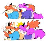 2025 ache13337003 bite blue_clothing blue_shirt blue_topwear celeste_(game) clothing domestic_cat duo felid feline felis female feral hair hi_res madeline_(celeste) mammal orange_hair purple_hair shirt simple_background sitting topwear white_background