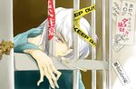  aki_(sakami) caution_tape chain fork iron_bars japanese_clothes keep_out kohaku male_focus mouth_hold pout prison red_eyes solo tears toono_akiha toono_shiki_(2) translation_request tsukihime white_hair 