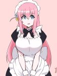  1girl apron artist_name back_bow black_bow black_bowtie black_dress blue_eyes bocchi_the_rock! bow bowtie breasts cleavage cowboy_shot dress frilled_apron frills gotoh_hitori hair_between_eyes hair_ornament highres large_breasts long_hair looking_afar maid maid_apron maid_headdress nervous one_side_up open_mouth pink_background pink_hair puffy_short_sleeves puffy_sleeves short_sleeves sidelocks signature simple_background solo standing straight-on sweat white_apron wozzu wrist_cuffs 
