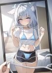  1girl absurdres animal_ear_fluff animal_ears bed bikini black_shoes black_shorts blue_archive blue_bikini blue_eyes blue_halo blush breasts closed_mouth clothes_hanger collarbone commentary_request dolphin_shorts female_pov grey_hair hair_between_eyes halo highres holding holding_clothes_hanger indoors li_se long_hair looking_at_mirror medium_breasts medium_hair mirror navel on_bed pov reflection shiroko_(blue_archive) shirt shoes short_shorts short_sleeves shorts skirt socks solo standing stomach sweatdrop swimsuit t-shirt tied_shirt unworn_skirt unworn_socks white_shirt wolf_ears wolf_girl 