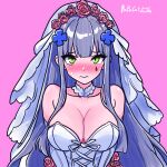 1girl bare_shoulders blue_hair blush breasts cleavage cross dress elbow_gloves embarrassed facepaint flower girls&#039;_frontline gloves green_eyes hair_flower hair_ornament hairclip highres hk416_(girls&#039;_frontline) iron_cross light_frown long_hair looking_at_viewer medium_breasts nervous no_bra papacat pink_flower pink_rose rose skindentation solo strapless strapless_dress teardrop upper_body v_arms veil very_long_hair wedding_dress white_dress white_gloves white_veil 