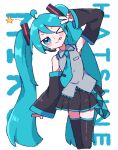  &gt;_o 1girl ahoge black_skirt black_thighhighs blue_eyes blue_hair blue_necktie character_name cowboy_shot detached_sleeves grey_shirt hair_ornament hand_up hatsune_miku highres long_hair long_sleeves looking_at_viewer miniskirt necktie one_eye_closed pleated_skirt sasugane_watashi shirt skirt sleeveless sleeveless_shirt sleeves_past_wrists solo standing thighhighs tongue tongue_out twintails v very_long_hair vocaloid white_background zettai_ryouiki 