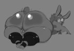 anthro backsack balls big_balls big_butt butt clothing eyewear femboy genitals glasses greyscale huge_butt hyper hyper_butt lagomorph legwear leporid looking_back lumity_salmos lying male mammal monochrome on_front rabbit scut_tail short_tail sketch solo tail thigh_highs