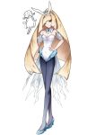  1girl alternate_costume alternate_hairstyle animal_ear_hairband animal_ears black_pantyhose blonde_hair blue_shoes breasts fake_animal_ears green_eyes hairband hand_on_own_hip high_heels high_ponytail highres leotard long_hair looking_at_viewer lusamine_(pokemon) nihilego one_eye_closed pantyhose playboy_bunny pokemon pokemon_(creature) pokemon_sm ponytail rabbit_ear_hairband rabbit_ears shoes sino_(pcxg4558) small_breasts strapless strapless_leotard very_long_hair white_background white_hairband white_leotard 