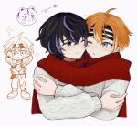  18trip 2boys ahoge arms_behind_head arms_up black_eyes black_hair blonde_hair blue_eyes blush chibi closed_mouth grey_sweater highres hug isotake_akuta kinugawa_kiroku long_sleeves looking_at_another male_focus multicolored_hair multiple_boys one_eye_closed orange_hair parted_lips purple_hair red_scarf scarf sebon_(sebochin) shared_clothes shared_scarf short_hair simple_background smile streaked_hair sweater two-tone_hair white_background yaoi 