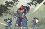  3boys absurdres adeptus_astartes aiming aiming_at_viewer armor artist_name battle belt_pouch black_loincloth bolter breastplate chainsword commentary dual_wielding english_commentary firing full_armor gauntlets grey_sky gun helmet highres holding holding_bolter holding_gun holding_weapon leaf loincloth male_focus motion_blur multiple_boys muzzle_flash omega_symbol outdoors pauldrons pouch power_armor projectile_trail purity_seal sci_(31134306) shoulder_armor skull sky sword tree ultramarines warhammer_40k weapon weapon_request winged_skull 