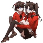  2girls :o age_difference aged_down amiably_02 black_ribbon black_skirt black_thighhighs blue_eyes brown_shoes child fate/stay_night fate_(series) hair_ribbon highres long_hair long_sleeves looking_at_another matou_sakura multiple_girls pleated_skirt red_sweater ribbon shoes short_hair siblings simple_background sisters sitting sitting_on_lap sitting_on_person skirt smile sweater thighhighs tohsaka_rin turtleneck turtleneck_sweater two_side_up white_background white_skirt 