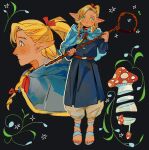  1girl alternate_skin_color asymmetrical_bangs baggy_pants belt belt_buckle beret black_background blonde_hair blue_cloak blue_dress blue_sandals braid brown_belt buckle chinese_commentary cloak closed_mouth commentary_request cropped_torso dark-skinned_female dark_skin darkened_skin dot_nose dress dungeon_meshi elf from_side full_body green_eyes hair_ribbon happy hat high_ponytail highres holding holding_staff hood hood_down hooded_cloak light_blush long_dress long_sleeves marcille_donato multiple_views mushroom neck_ribbon nostrils pants pants_under_dress parted_lips plant pleated_dress pointy_ears pointy_nose ponytail puffy_long_sleeves puffy_sleeves red_ribbon ribbon sandals side_braid single_braid smile sparkle staff standing toes vines walking_mushroom_(dungeon_meshi) white_pants xinzangjian 