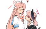  2girls ahoge arrow_(symbol) black_hair black_shirt blue_archive blush closed_mouth commentary english_text from_side halo hanako_(blue_archive) head_wings kinzaibatsu91 kissing_barrier_(meme) koharu_(blue_archive) long_hair meme multiple_girls pink_hair pink_halo puckered_lips shirt short_sleeves simple_background symbol-only_commentary twintails white_background white_shirt wings yuri 