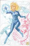  1girl acecore2k blonde_hair blue_bodysuit bodysuit breasts commentary dark_persona earrings english_commentary evil_smile fantastic_four full_body highres jewelry long_hair malice_(sue_storm) marvel marvel_rivals medium_breasts parted_lips signature smile solo sue_storm superhero_costume 