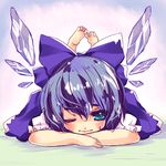  ayase_non bad_id bad_pixiv_id barefoot blue_eyes blue_hair bow cirno hair_bow lying on_stomach short_hair solo touhou wings 