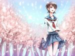  arms_behind_back bad_id bad_pixiv_id bag banned_artist black_hair blush brown_eyes cherry_blossoms day fuura_kafuka hair_ornament hairclip open_mouth paseri petals sayonara_zetsubou_sensei school_uniform serafuku short_hair skirt sky smile solo wind 