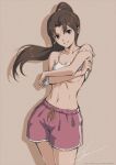  absurdres breasts brown_background brown_eyes brown_hair cowboy_shot fatal_fury gym_shorts highres long_hair medium_breasts navel parted_lips ponytail red_shorts shadow shiranui_mai shorts smile stomach tank_top tyanoki undressing white_tank_top 