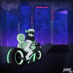 absurd_res anthro anus barefoot05 canid canine canis city cityscape clothing curled_tail detailed_background digital_media_(artwork) domestic_dog driving female fur genitals green_body green_fur hi_res husky jade_(shai_dreamcast) looking_back mammal motorcycle nordic_sled_dog racing_suit raised_tail smile solo spitz tail vehicle vulva wardrobe_malfunction