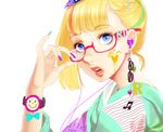  adjusting_eyewear bad_id bad_pixiv_id bangs bespectacled blue_eyes blue_nails blunt_bangs bracelet earbuds earphones earrings eyelashes face facepaint fancy_glasses glasses heart highlights jewelry kagamine_rin lips lipstick makeup minami_haruya multicolored multicolored_hair multicolored_nails musical_note nail_polish purple_nails simple_background solo star striped vocaloid watch wristwatch 